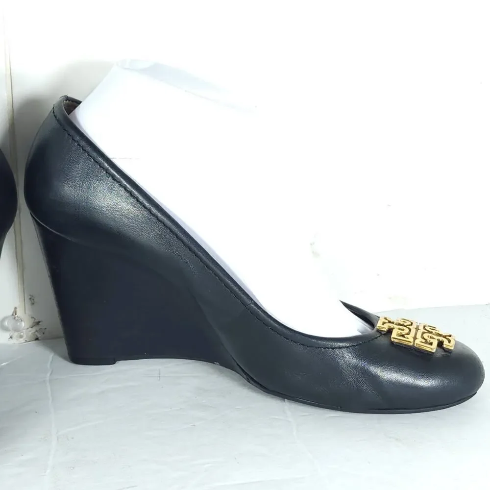 Tory Burch Women’s Melinda US 8M Black Leather Logo Slip On Wedge Pumps Shoes